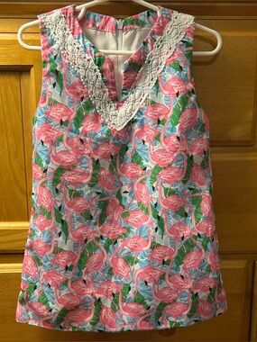 Classic Southern Smocks Girls Pink, Blue & White Shift Dress w/Flamingo Print 2T